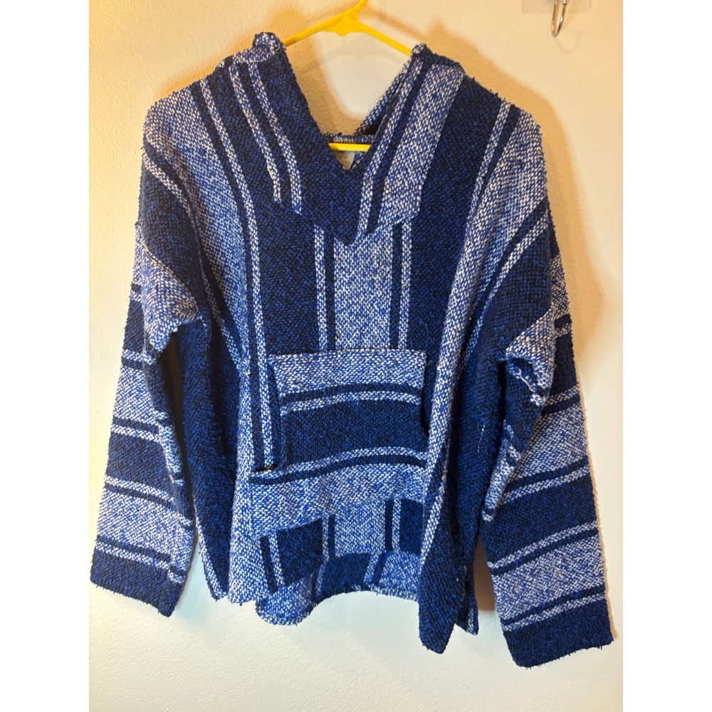 Vintage Mexican Baja Hoodie Blue Striped Jerga Pullover Boho Hippie Surf M